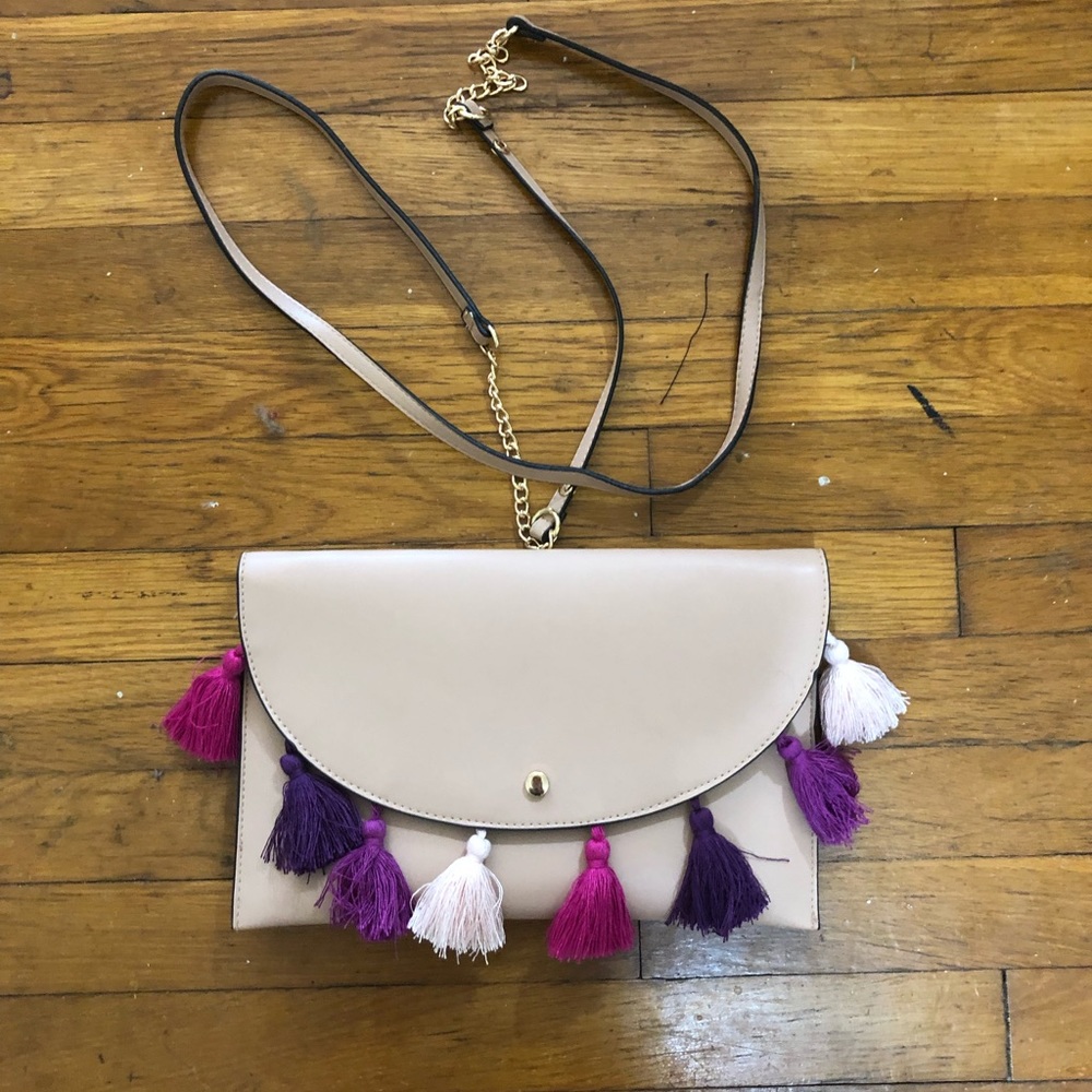 Nude clutch with tassels and removable strap